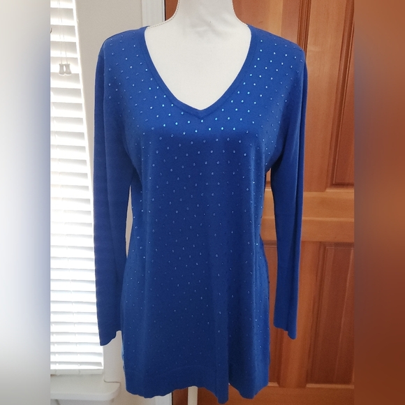 Neiman Marcus Blue Long Sleeve Embellished Tunic - Picture 1 of 13